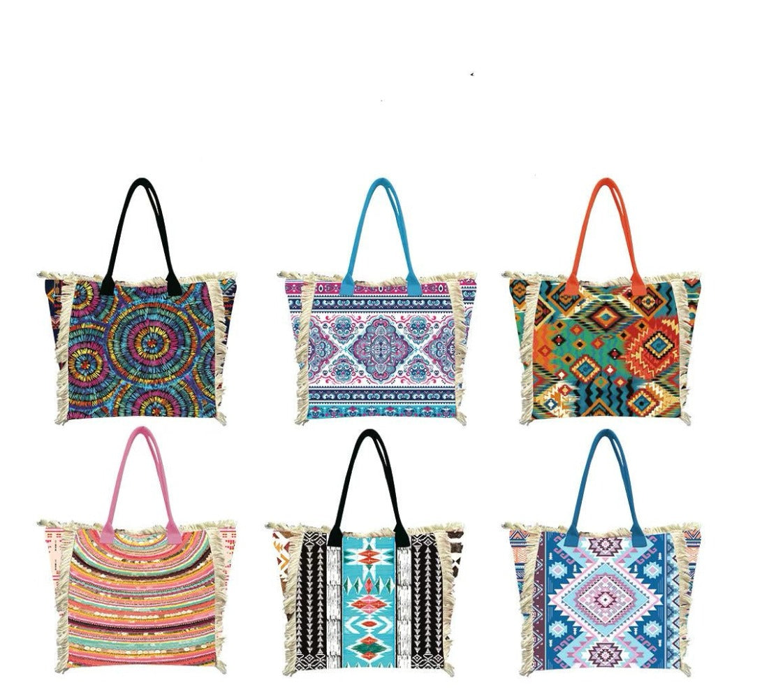 MEJORADA Bolso de playa grande con estampado bohemio, ideal para verano, con flecos de algodón, forro interior y bolsillos, 55×37×19 CM, tejido 100% poliéster