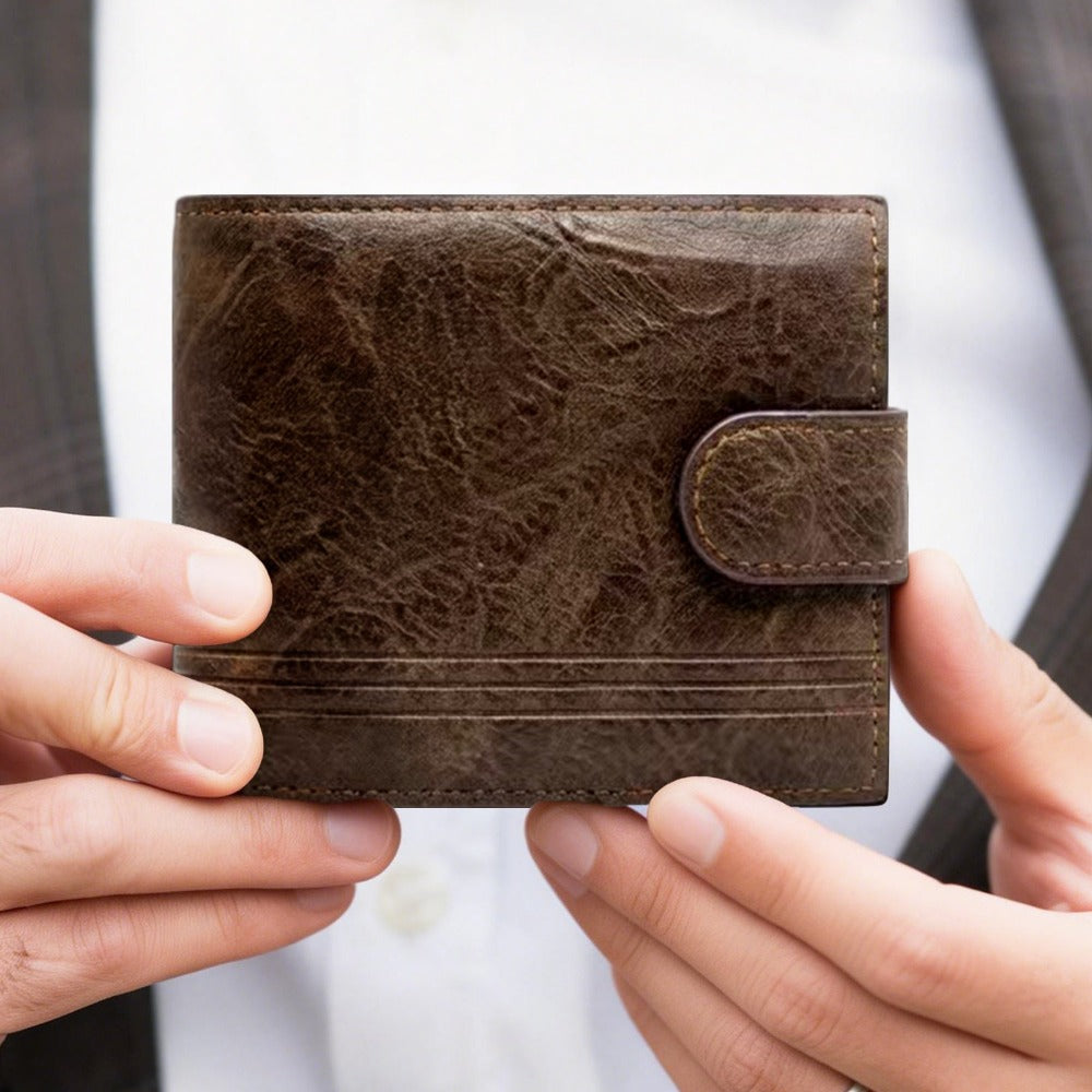 Cartera corta de cuero desgastado retro elegante para hombre – Monedero con cierre a presión y ventana para identificación para desplazamientos diarios, reuniones de negocios y salidas informales