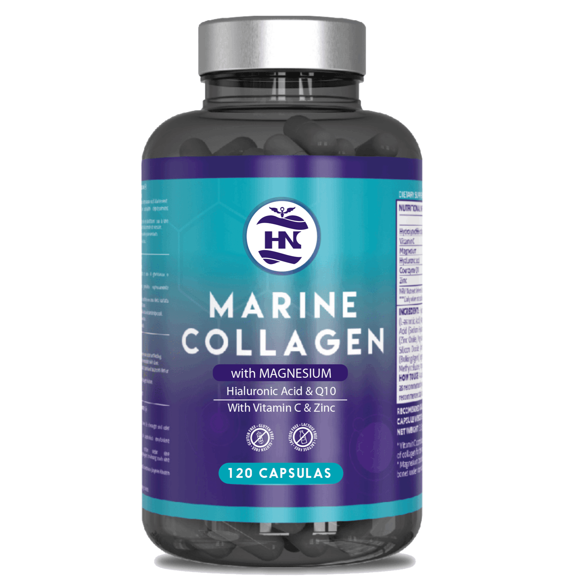 Colágeno Marino Hidrolizado con Ácido Hialurónico, Coenzima Q10, Vitamina C y Zinc | 120 Cápsulas | Suministro para 2 Meses