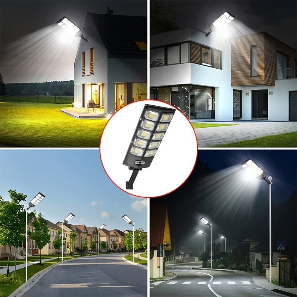 Luz de calle solar con sensor de movimiento y mando a distancia de 504 LED, luz solar de jardín con 3 modos de iluminación, reflector de seguridad de gran angular de 270°, luz de patio exterior de doble hilera superbrillante, para emergencias en calles co