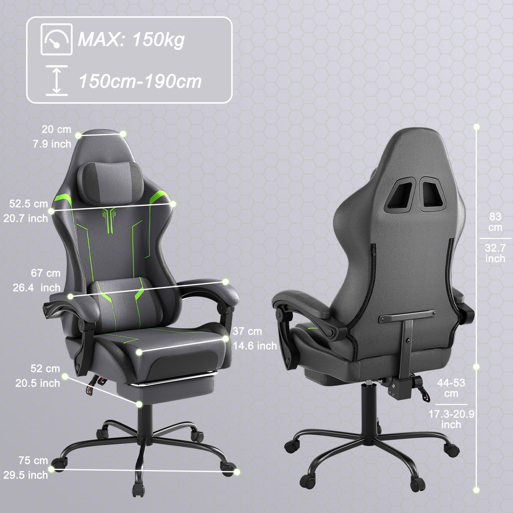 Silla Gaming Ergonómica con Soporte Lumbar Ajustable, Reposacabezas, Reposabrazos y Reposapiés, Ideal para Oficina y Gaming en PC, con Inclinación de 135° y Capacidad de Peso de 150 Kg