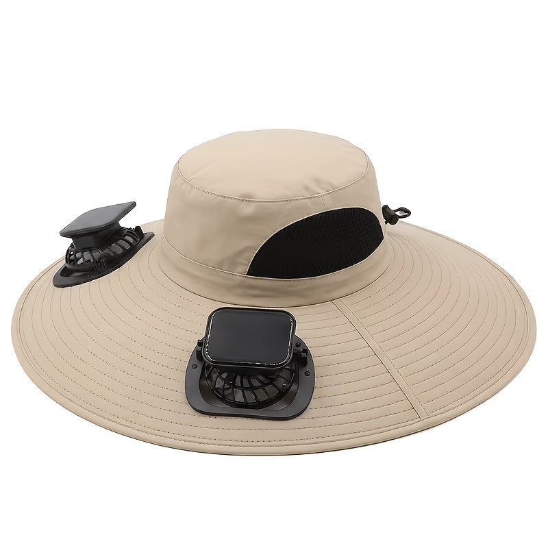 Sombrero refrescante con energía solar, con dos ventiladores desmontables y ala ancha para protección solar al aire libre. Ofrece batería de larga duración, flujo de aire ajustable y un diseño transpirable y cómodo, ideal para actividades como pesca, nave
