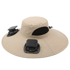 Sombrero refrescante con energía solar, con dos ventiladores desmontables y ala ancha para protección solar al aire libre. Ofrece batería de larga duración, flujo de aire ajustable y un diseño transpirable y cómodo, ideal para actividades como pesca, nave