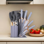 Juego de 19 Piezas de Cuchillos de Cocina con Bloque de Ventilación en Varios Colores. Incluye Cuchillo de Chef, Cuchillo de Carnicería, Cuchillo para Pan, Cuchillo Multiusos, Cuchillo para Frutas y Herramientas de Cocina. Hojas de Acero Inoxidable Premiu