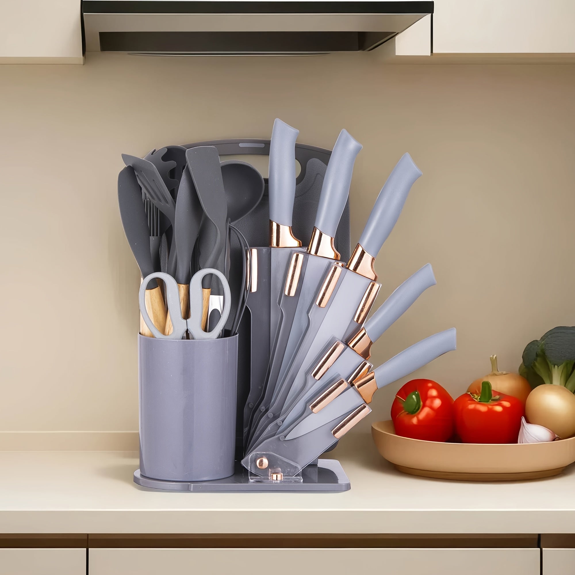 Juego de 19 Piezas de Cuchillos de Cocina con Bloque de Ventilación en Varios Colores. Incluye Cuchillo de Chef, Cuchillo de Carnicería, Cuchillo para Pan, Cuchillo Multiusos, Cuchillo para Frutas y Herramientas de Cocina. Hojas de Acero Inoxidable Premiu