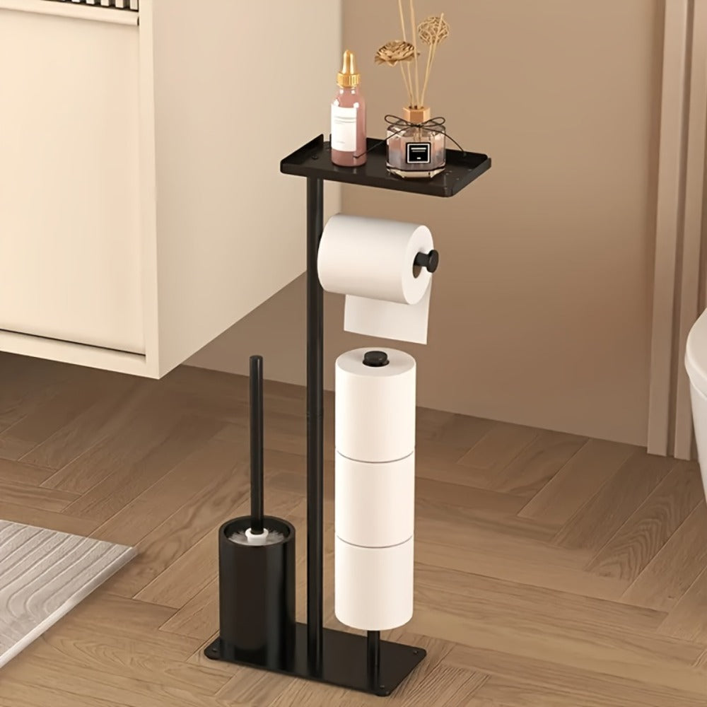 Un soporte independiente para papel higiénico con almacenamiento, un organizador de baño autoadhesivo de hierro forjado, diseñado para ahorrar espacio, con una estética minimalista moderna y un extremo metálico liso, perfecto para decorar salas de estar o