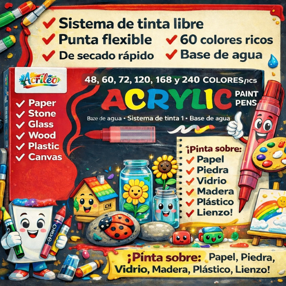 Acrileo Rotuladores/ Marcadores Acrilicos,Punta Suave,Para Uso en, Madera,Lienzo,Piedra,Tela,Vidrio,Manualidades DIY,Proyectos Artisticos,Disponible en 48/60/72/120/168/240 Unidades,Regalo Perfecto,Para Fiestas,Diversion En Grupo, Uso Diario, Diversion En