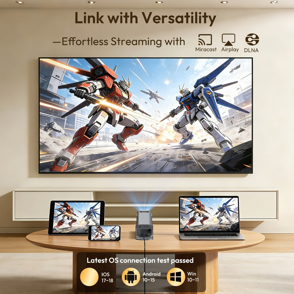 LUXVYN 2026 Proyector Portátil, con Android 11, Dual Wifi6, Brillo de 340ANSI, Local 1280X720P HD, Soporte 4K, Bajo Ruido, Ángulo de Proyección Flexible de 180°, Mini Proyector de Cine en Casa