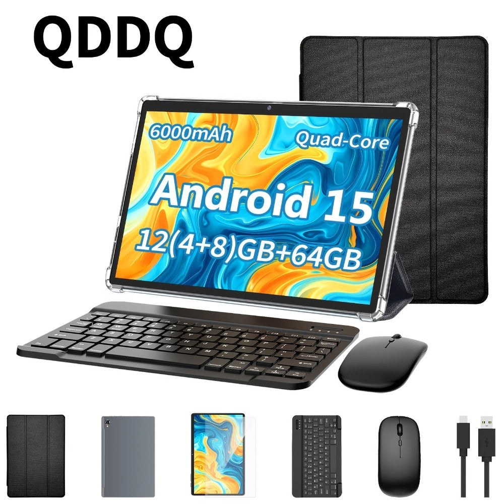 Tableta QDDQ Android 15, 12 (4GB+8GB) RAM, 64GB ROM, Pantalla LED de 10.1 pulgadas, 6000mAh, WiFi, Tablet PC, Dos versiones opcionales: [Tableta con teclado, ratón sin varillas, funda, lápiz óptico (no electrónico)] / [Solo tableta], USB-C (sin adaptador)