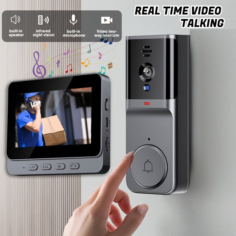 1pc Timbre Inalámbrico con Cámara Sin WiFi, Video Intercomunicador Inalámbrico con Pantalla IPS de 10.92cm, Lente Gran Angular, Audio Bidireccional, Visión Nocturna, Para Seguridad en el Hogar