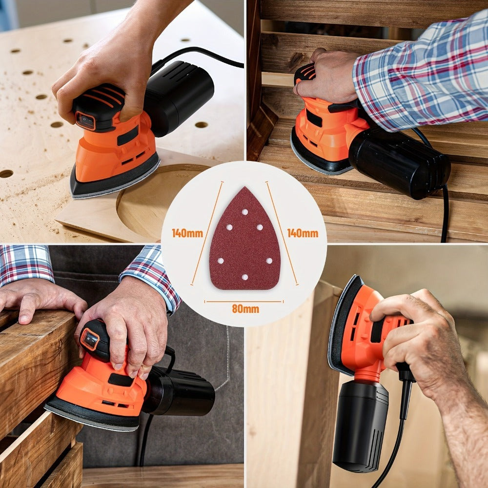 Lijadora triangular Delta de 150W, 12000 RPM, 12 hojas de lija (140X140X80Mm), doble extracción de polvo, ideal para madera y superficies