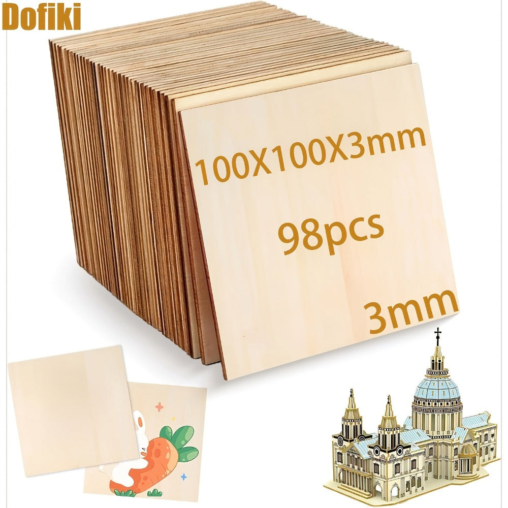 Dofiki 48/98 piezas Madera contrachapada de tilo 100x100x3mm, Madera sin acabado de 3mm para decoración y modelos de corte láser, bocetos, pintura, tallado, carpintería y quema detail image - detail view 4