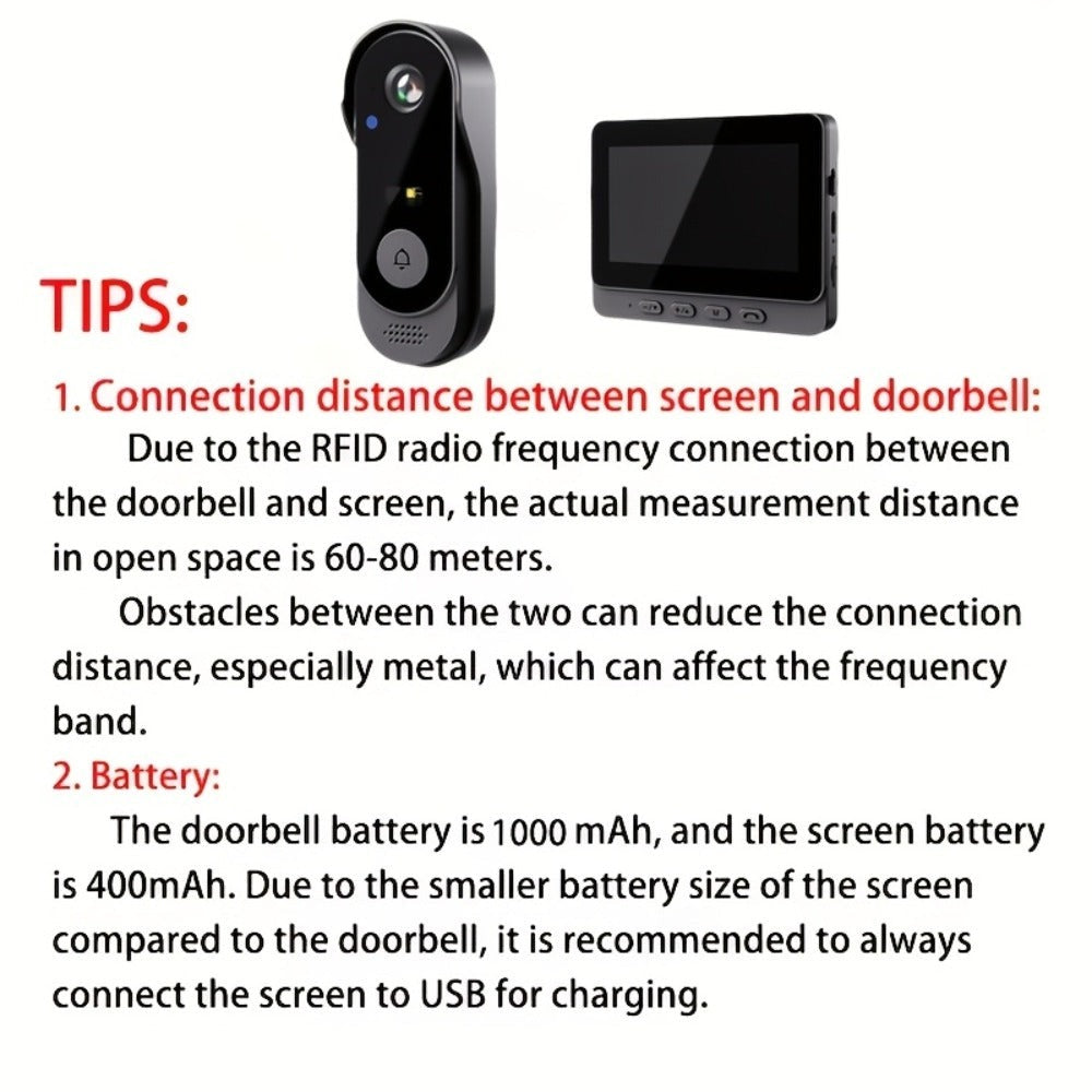 Timbre de video sin varillas con pantalla de 4.3 pulgadas, kit de cámara de seguridad para timbre sin varillas que incluye visión nocturna, intercomunicador bidireccional, grabación de imágenes y vídeo, almacenamiento ampliable con tarjeta SD, apto para v