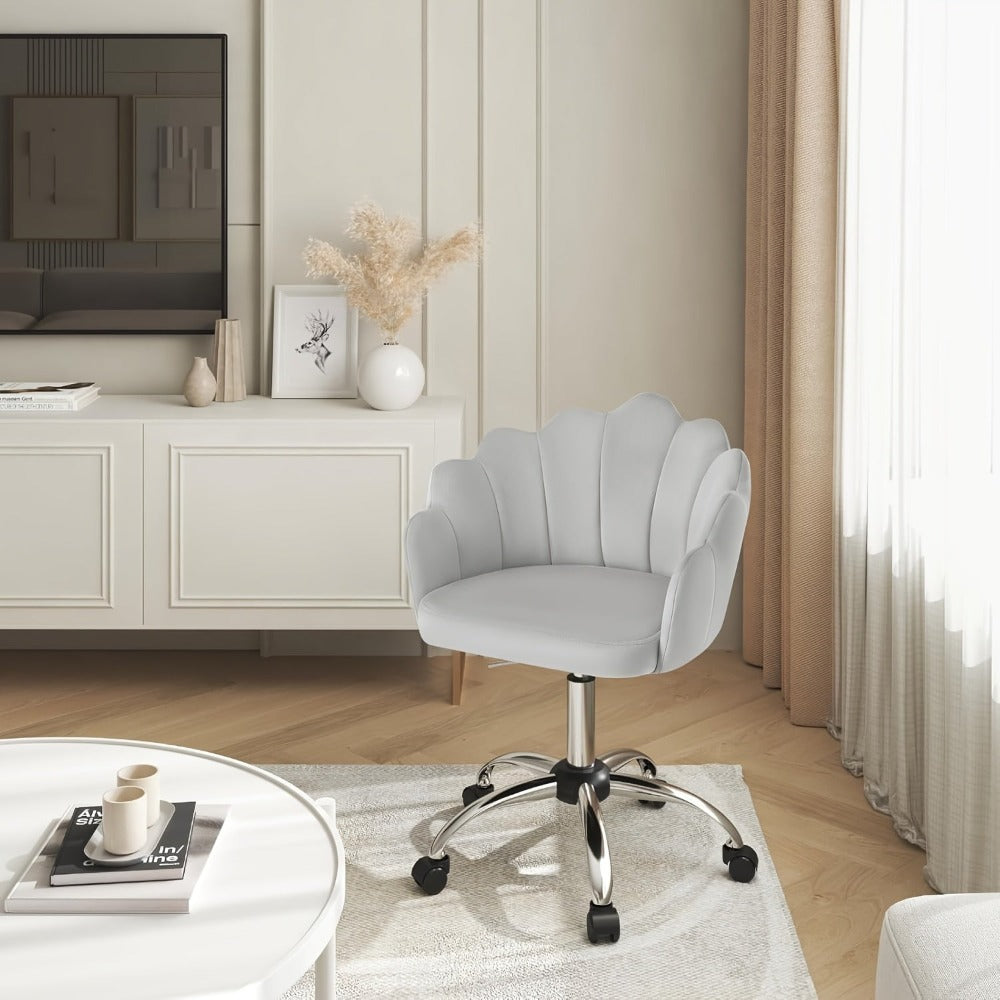 1 Silla de oficina para el hogar, Silla de escritorio, Silla de maquillaje, Silla de terciopelo con respaldo en forma de pétalo - Cómoda y hermosa, Silla giratoria con ruedas, Altura de silla ajustable, Base de metal, Fácil de montar