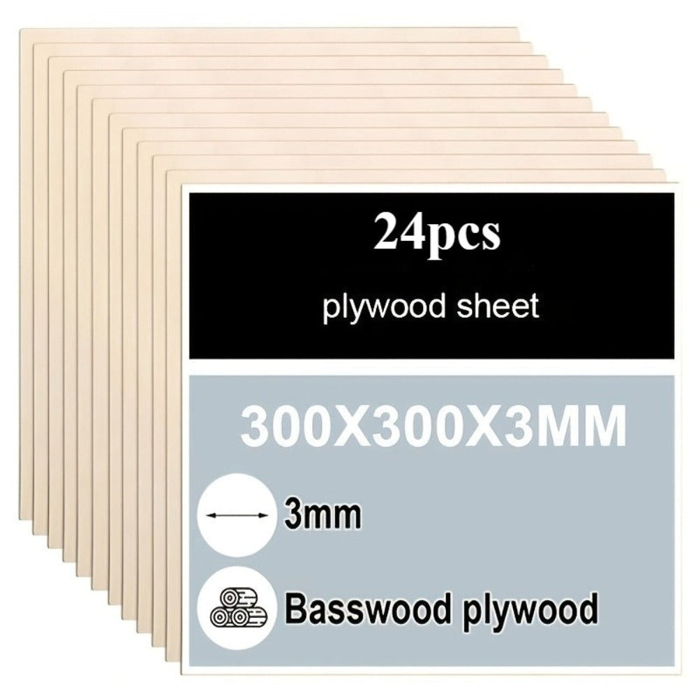 Dofiki ofrece un juego de 24 piezas de madera contrachapada de tilo de 3 mm, cada una con medidas de 29.97 X 29.97 cm, ideal para proyectos de corte láser, grabado y pirograbado. Este paquete incluye hojas de alta calidad, cortadas con precisión y con una