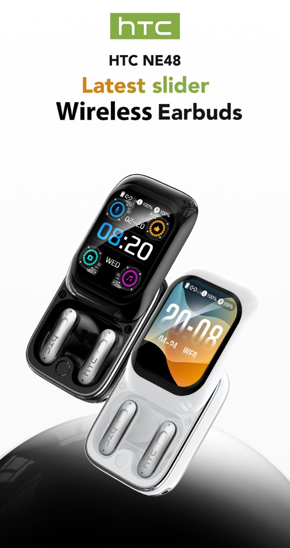 Auriculares Inalámbricos HTC NE48 con Estuche Deslizante OWS, Auriculares con Traducción Inteligente AI, Batería de Larga Duración de 30 Horas, Pantalla Táctil a Color, Baja Latencia, Micrófono con Cancelación de Ruido. Ideales para Música, Trabajo, Regal