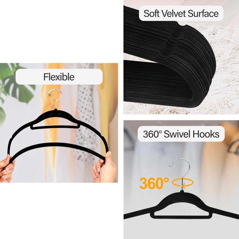 Perchas de terciopelo paquete de 48 perchas antideslizantes, 44 x 23cm , perchas con muescas anchas de hombro, barra para pantalones, gancho giratorio de 360°, ahorro de espacio