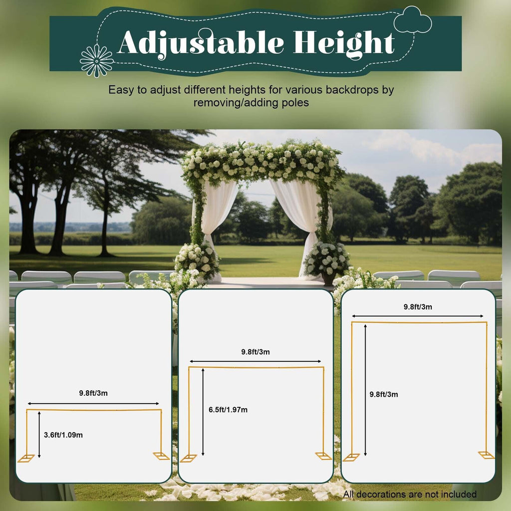 Arco de boda de metal de 3x3 m, soporte de fondo cuadrado ajustable en altura, soporte de arco de globo de metal rectangular para decoración de fondo de cabina de fotos de fiesta de cumpleaños de boda, arcos de boda amarillos para ceremonia, marco de cena