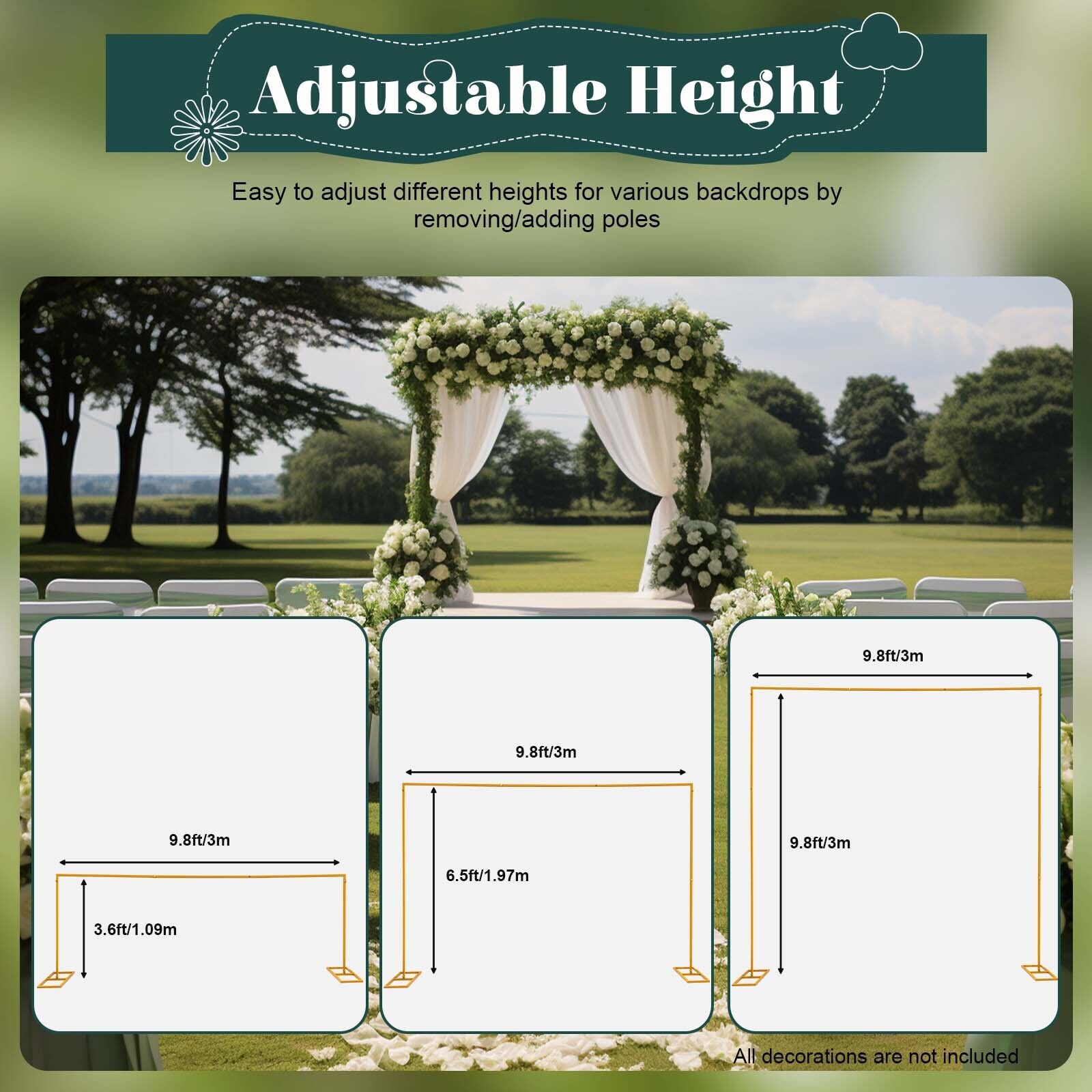 Arco de boda de metal de 3x3 m, soporte de fondo cuadrado ajustable en altura, soporte de arco de globo de metal rectangular para decoración de fondo de cabina de fotos de fiesta de cumpleaños de boda, arcos de boda amarillos para ceremonia, marco de cena