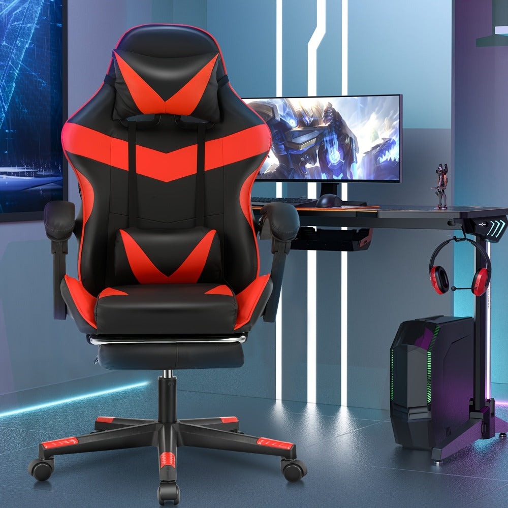 Silla de gaming con reposapiés, silla de gaming ergonómica, silla de ordenador con soporte lumbar, reposacabezas, sillas de PC de altura ajustable con asiento giratorio de 360° para oficina o gaming