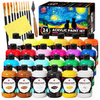 TBC The Best Crafts Juego de 24 Pinceles de Colores, 10 Pinceles Profesionales + Esponja + Cuchillo de Pintura, Incluye 250 ml (8.45 oz) de Pintura Acrílica por Cada Uno, No Tóxico, para Uso Artístico Profesional