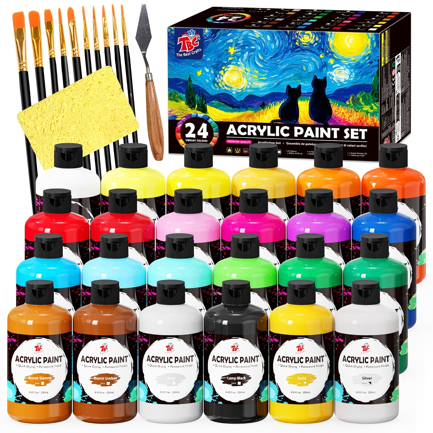 TBC The Best Crafts Juego de 24 Pinceles de Colores, 10 Pinceles Profesionales + Esponja + Cuchillo de Pintura, Incluye 250 ml (8.45 oz) de Pintura Acrílica por Cada Uno, No Tóxico, para Uso Artístico Profesional