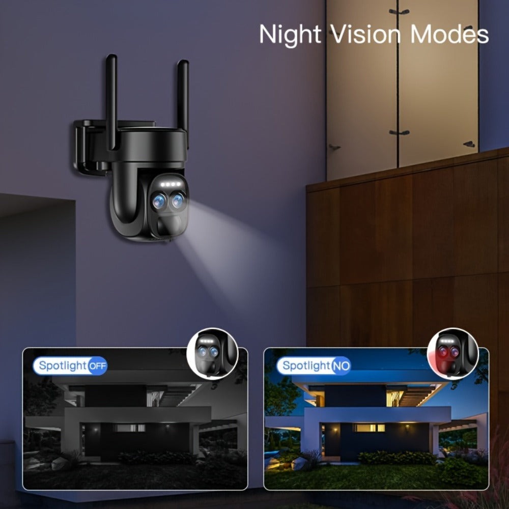 [10X Zoom] Cámara CCTV de bajo consumo con panel solar, batería, 360 grados, 2K FHD, Wifi, con alarme de foco, detección de movimiento, visión nocturna a color y audio bidireccional