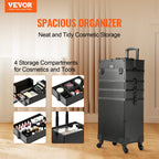 VEVOR 5 en 1 Maleta profesional de maquillaje de aluminio, maleta de maquillaje con ruedas extra grande, organizador de viaje de maquillaje con ruedas giratorias de 360° y palanca ajustable, negro