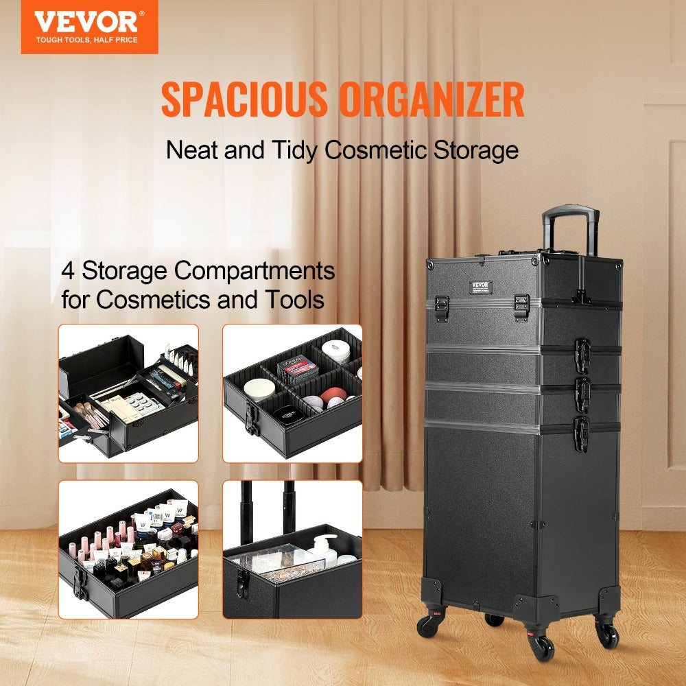VEVOR 5 en 1 Maleta profesional de maquillaje de aluminio, maleta de maquillaje con ruedas extra grande, organizador de viaje de maquillaje con ruedas giratorias de 360° y palanca ajustable, negro