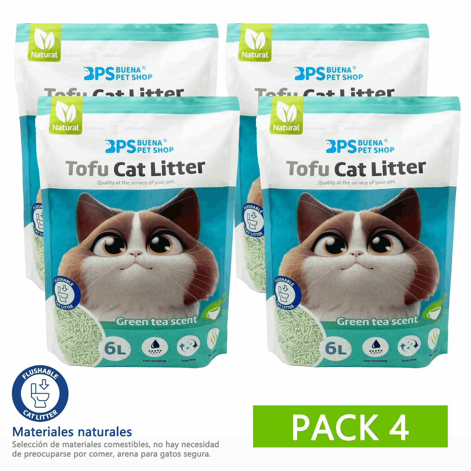 4PCS Arena de Tofu para Gatos aglomera 6L - Sin Polvo Fácil de Aglomerar y Controla Olores -y Segura para Gatitos 2-2.3kg cada bolsa