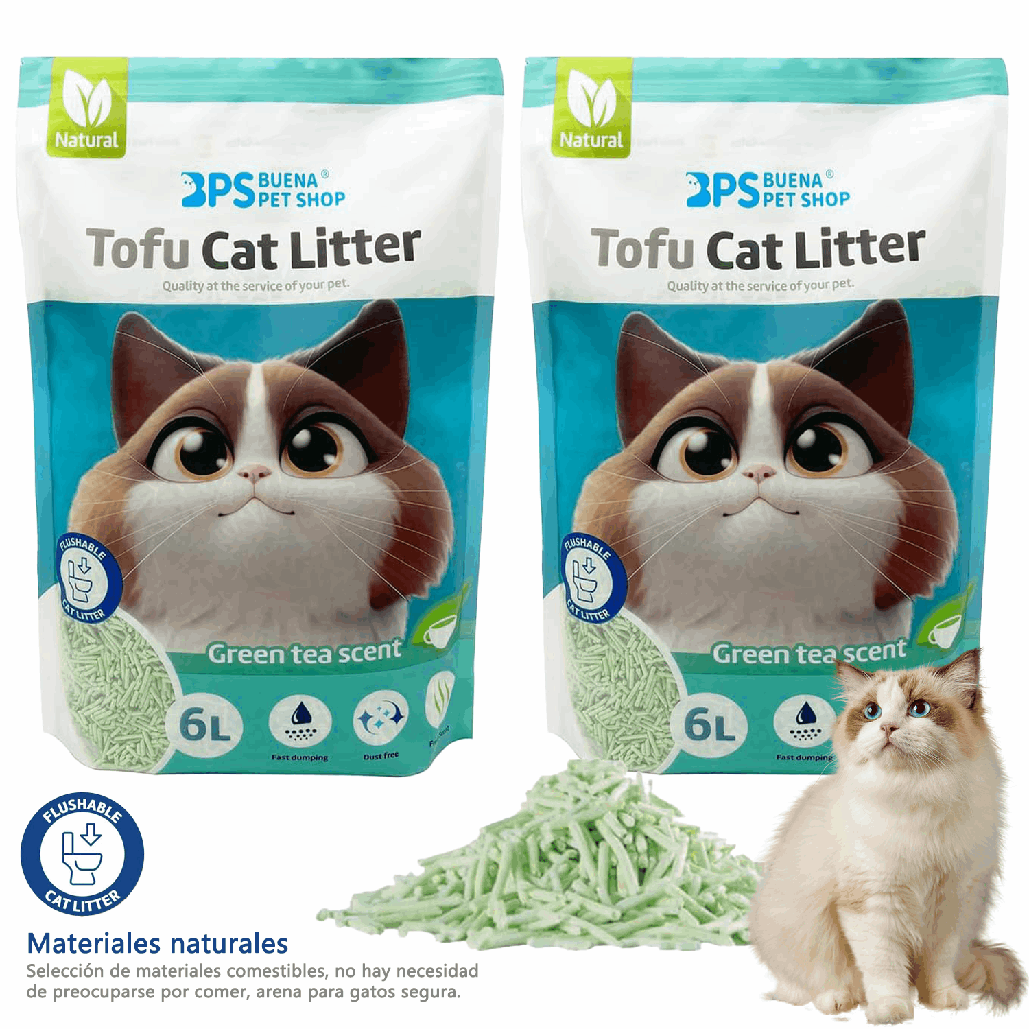 2 Paquetes de Arena para Gatos con Tofu, 6L Cada Uno, Fuerte Absorbencia, Fácil Compacidad, Desagotable, Sin Polvo, Múltiples Aromas Disponibles, Suministros para Mascotas, Sin Polvo Fácil de Aglomerar y Controla Olores -y Segura para Gatitos