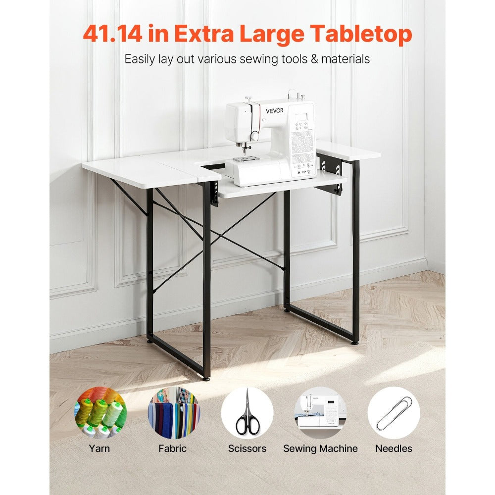 Mesa de Costura VEVOR, Mesa Multiusos para Máquina de Coser con Estante Lateral Plegable, Estante Ajustable, Patas de Acero, Escritorio para Computadora en Hogar, Estudio de Moda, Estudio de Arte, Institución Educativa, Blanco