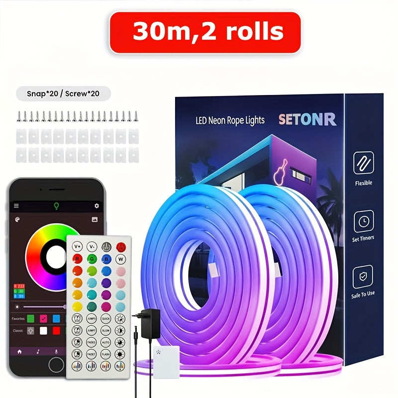 Tira de luz neón RGB, clasificación IP65, control remoto y control por APP disponible, color ajustable, sincronización APP con música, ideal para salas de juegos, dormitorios, decoraciones interiores para Navidad y Halloween.