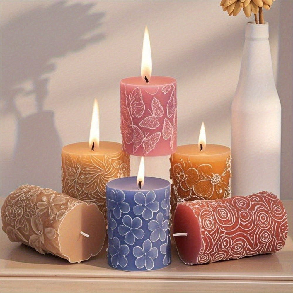 6 Piezas de Moldes de Silicona para Velas, Moldes de Resina en Forma de Cilindro y Pilar de Flores 3D para Hacer Velas, Moldes para Fundición de Resina y Manualidades DIY, Velas 3D, Aromaterapia, Decoración de Yeso y Adornos para el Hogar