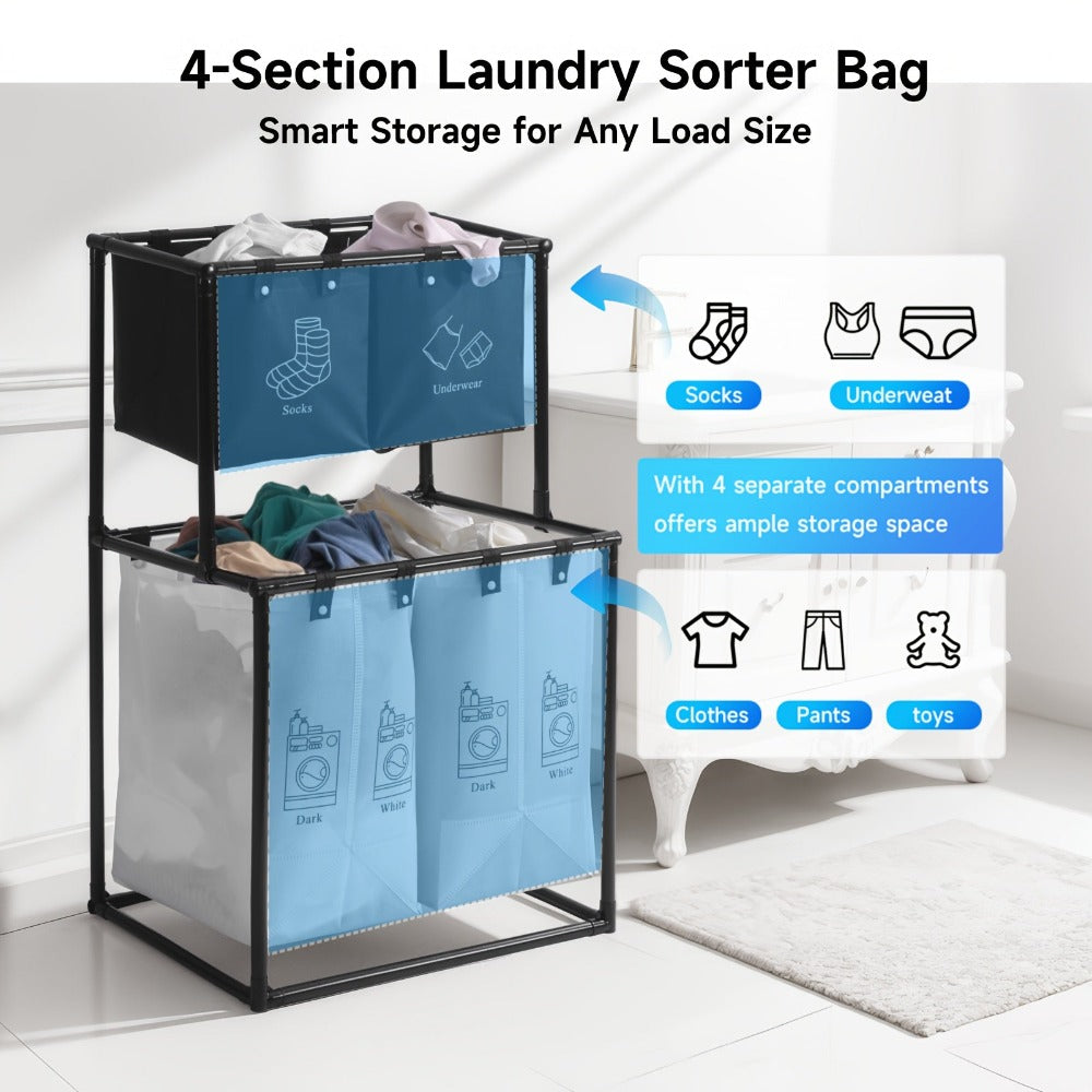 Cesta de Ropa Plegable Doble Capa con 4 Bolsas Desmontables, Cesto Multifuncional Ahorrador de Espacio, Material Duradero, Diseño Enrollable, Fácil Instalación, Color Moderno, Ideal para Dormitorio, Baño y Cocina, Esenciales para el Hogar,Organizador Mult