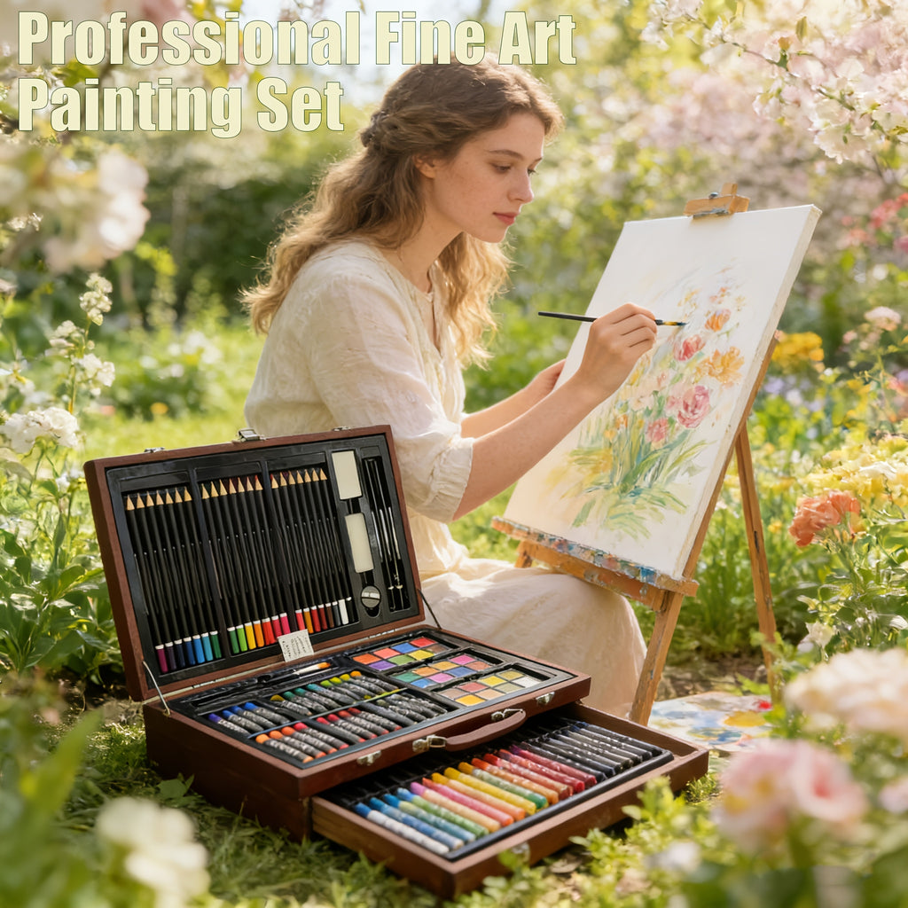 Set de Arte de Lujo (Incluye Dibujos y Lápices de Colores en una Caja de Almacenamiento de Madera), Set de Herramientas de Arte Profesional para Adultos, Suministros para Pintar para Artistas, Ideal para Bocetos al Aire Libre, Perfecto como Regalo para Fe