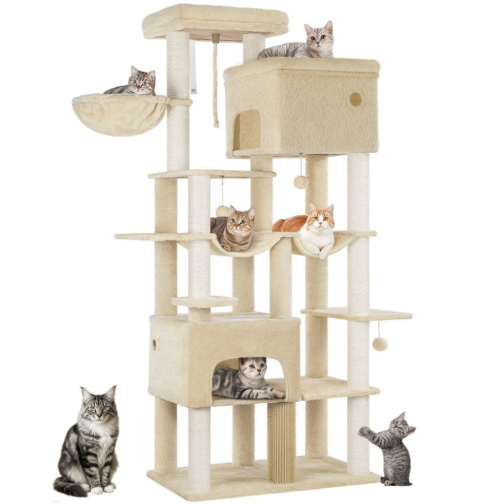 Poste Rascador para Gatos 200cm XXL, Incluye 10 Postes Rascadores, 2 Camas para Gatos, 2 Hamacas, Plataforma Grande, Cepillo para Gatos, Cesta, Árbol para Gatos de Alta Resistencia, Adecuado para Maine Coons y Gatos Grandes, Gris Claro, Gris Oscuro, Beige