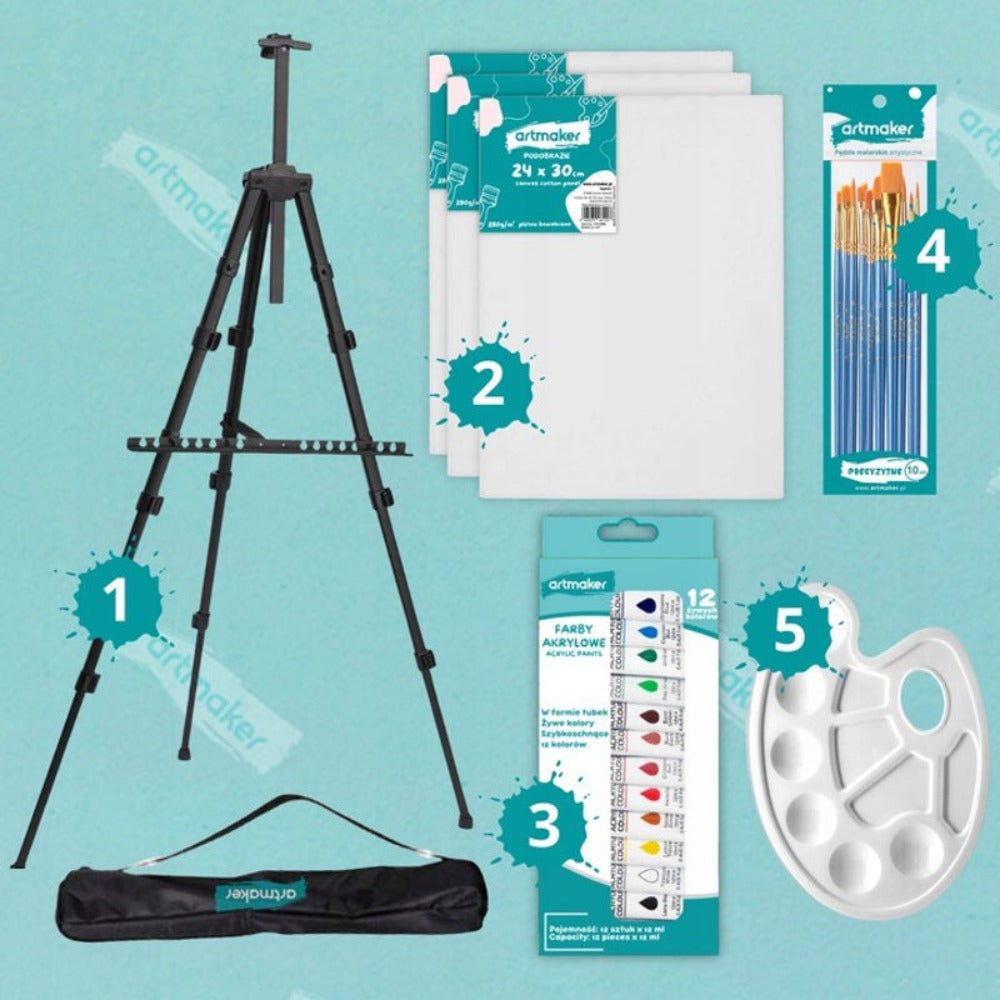 Set de Pintura Artística Artmaker con Caballete de Aluminio de 170 cm, Estuche y 3 Lienzos de Pintura de 24x30 cm, Incluye 12 Pinturas Acrílicas de 12 ml Cada Una, 10 Pinceles y Paleta de Pintura – Kit Completo de Pintura para Niños, Adolescentes y Adulto
