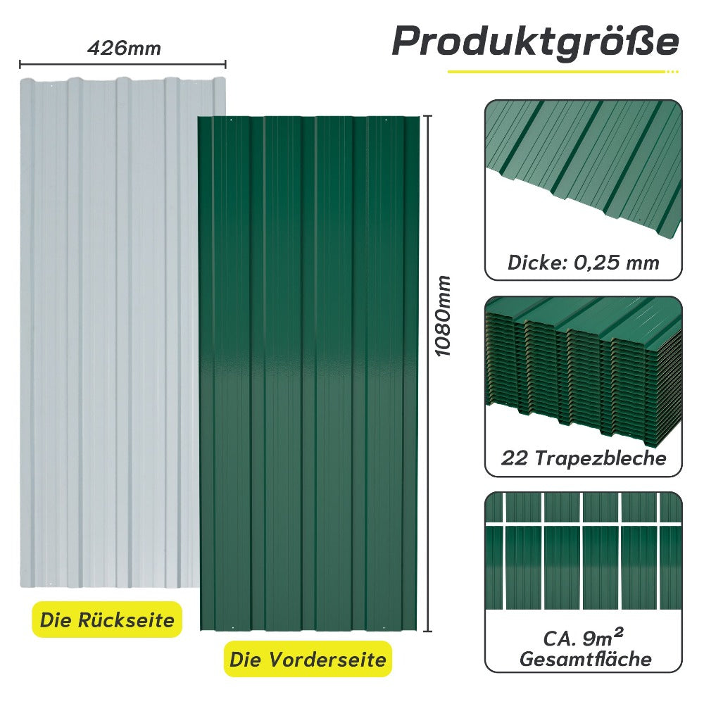 22 piezas de láminas trapezoidales de acero galvanizado de alta resistencia con tornillos y 200 clavos - Paneles de metal corrugado para techos, revestimiento de paredes, vallas, cobertizos y estructuras al aire libre (Negro/Gris, 108x42.6cm, 0.25mm) - Fá