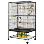 Jaula Grande para Aves, Jaula de Metal con 4 Ruedas, Jaula para Periquitos con Comedero y Columpio Saltarín, 2 Puertas y 4 Barras de Madera, 132 x 78 x 52 cm