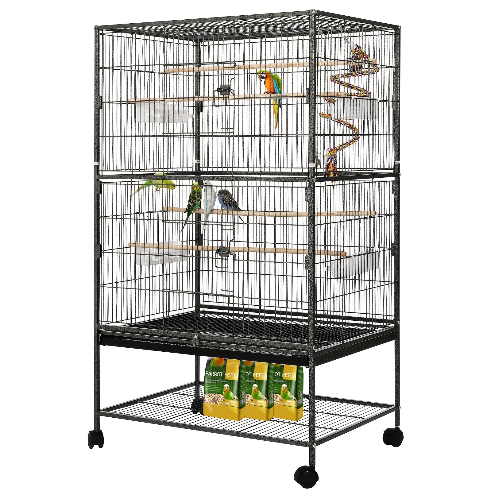 Jaula Grande para Aves, Jaula de Metal con 4 Ruedas, Jaula para Periquitos con Comedero y Columpio Saltarín, 2 Puertas y 4 Barras de Madera, 132 x 78 x 52 cm