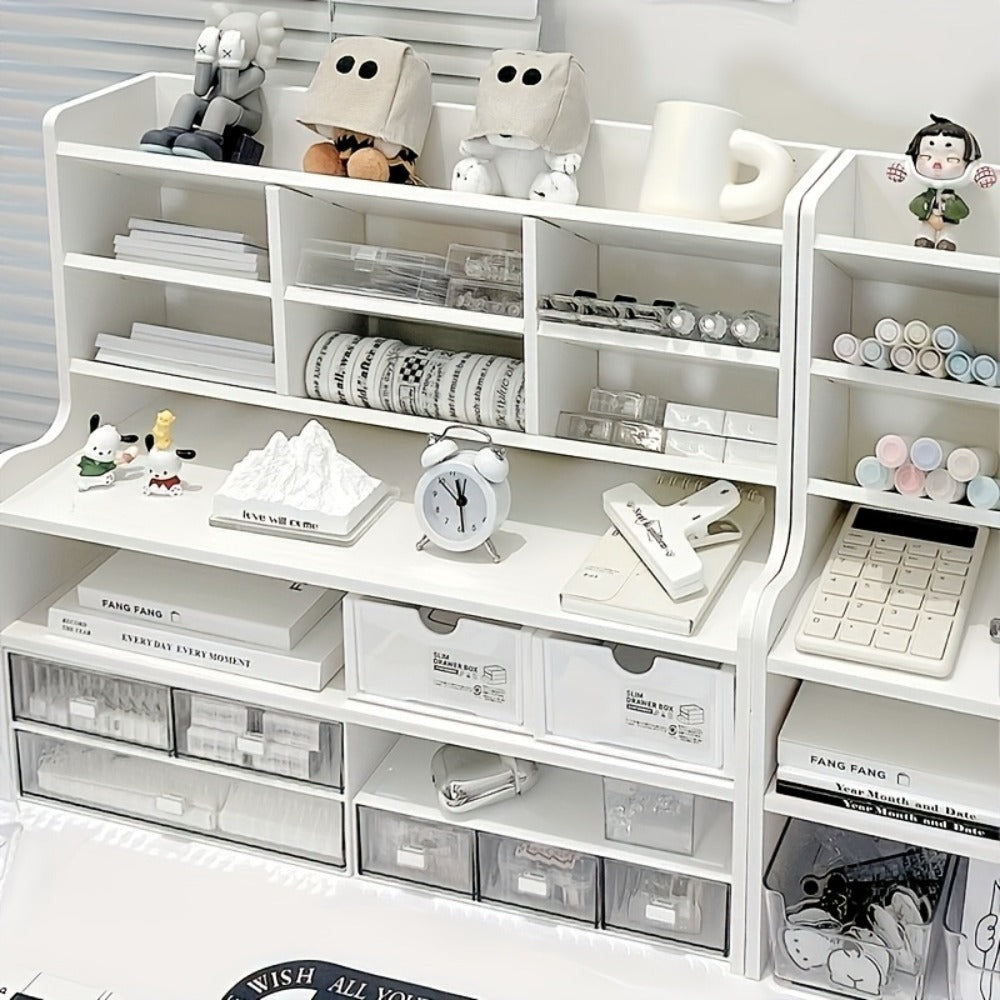 1pc Escritorio Multinivel con Portabolsígrafos Inclinado y Acabado Blanco Mate - Estante Cúbico Ahorrador de Espacio, Estantes de Almacenamiento con Particiones para Suministros de Oficina, Libros, Papelería - Compatible con Organización de Escritorio y O
