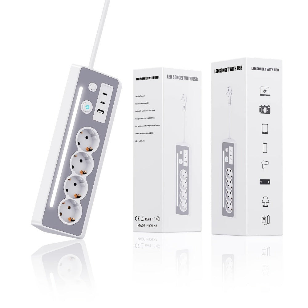 Regleta de enchufes múltiples de ángulo recto 7 en 1 con estación de carga rápida, 4 CA, 2 USB-C de 20W con indicador LED y doble interruptor, ideal para cargar teléfonos, tablets en el hogar, la oficina, configuración de oficina en casa, organización del
