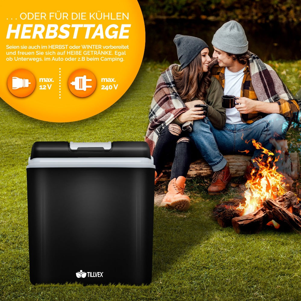 Tillvex® Caja Enfriadora Eléctrica 24L | Mini Nevera 230V & 12V para Coche, Auto, Camping | Caja Térmica Aislada para Enfriar y Calentar | Caja Calentadora con Asa de Transporte y Modo ECO TVKB24-01