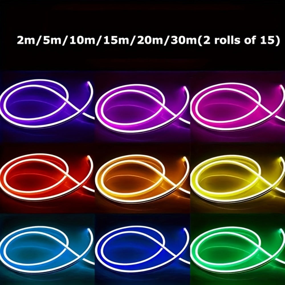 Tira de luz neón RGB, clasificación IP65, control remoto y control por APP disponible, color ajustable, sincronización APP con música, ideal para salas de juegos, dormitorios, decoraciones interiores para Navidad y Halloween.
