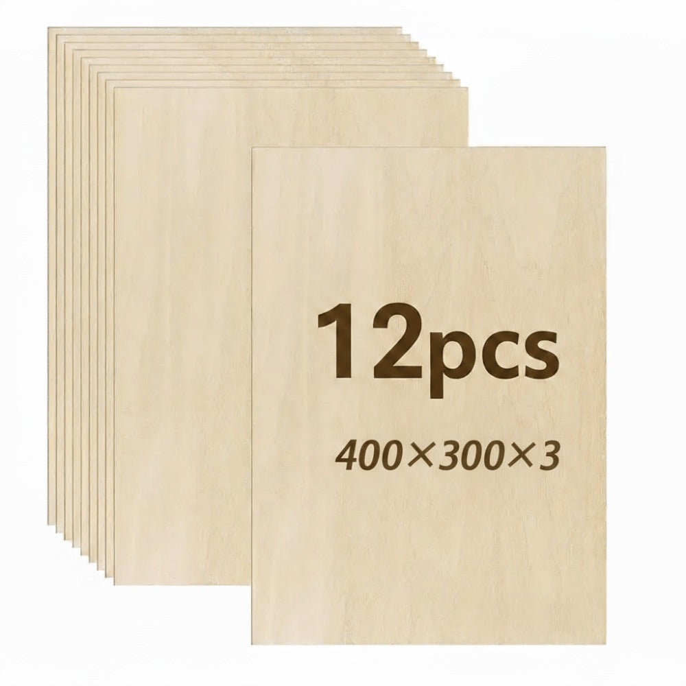 12 pcs Paneles de madera contrachapada sin tratar 3 mm – Tablas para manualidades, carpintería DIY, grabado láser, corte, pintura y decoración – Tamaños 30 × 20 cm / 40 × 30 cm