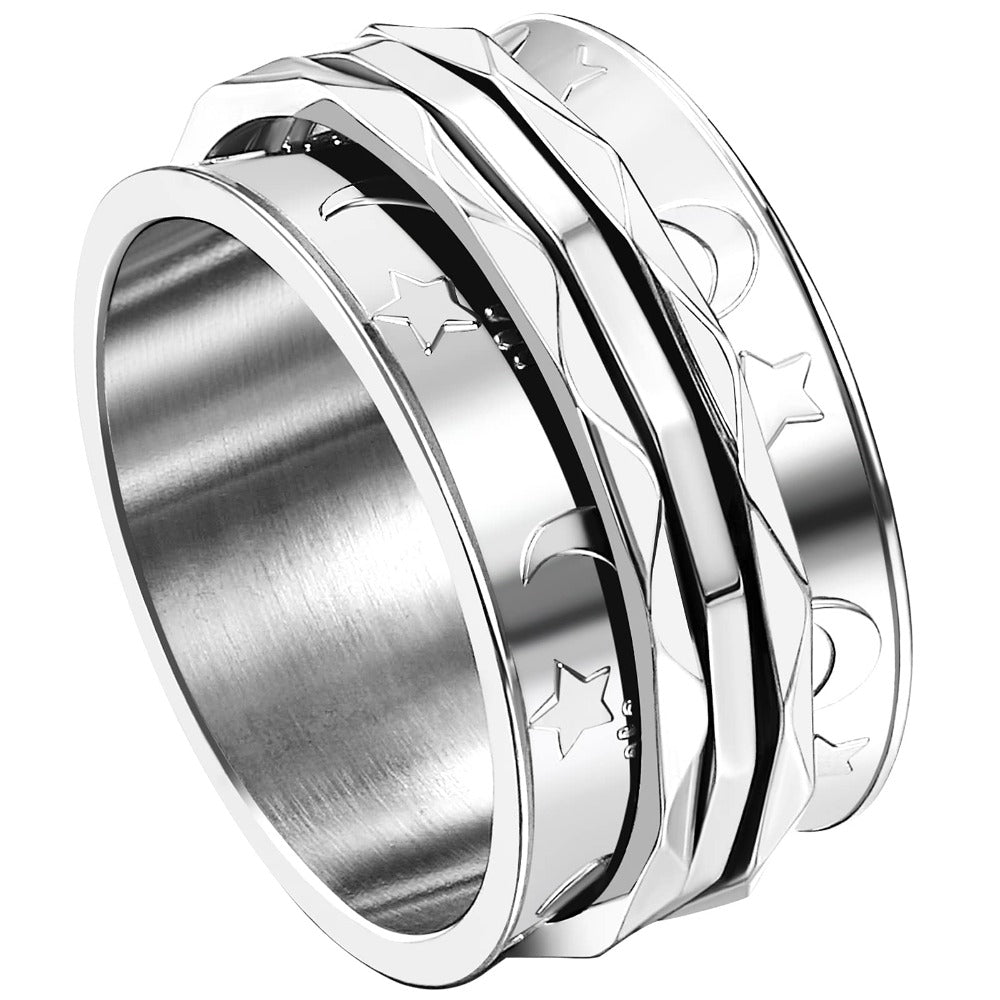 Anillo giratorio tipo fidget spinner retro JewelryWe para mujer con patrón de luna y estrellas, bandas de anillo giratorias de acero inoxidable