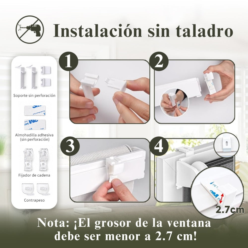 Estor enrollable de día y noche de doble capa, sin taladro, fácil instalación, resistente y duradero