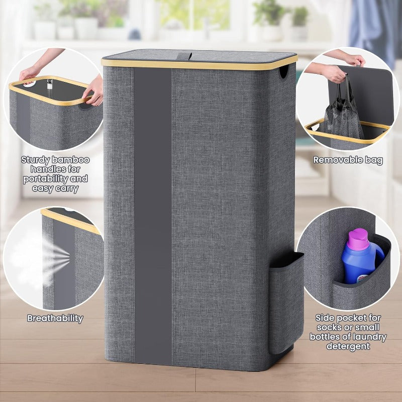 Cesto de lavandería Furnestorica con tapa, diseño de malla transparente con capacidad clara, cesto de ropa de lavandería de 100L con asas y bolsa de lavandería extraíble, cesto de diseño transpirable con tapa para dormitorio, baño, residencia, lavandería,