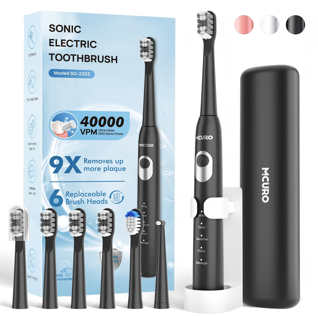 Cepillo de dientes sónico eléctrico para adultos con modos inteligentes y recargable por USB, tecnología de ondas de sonido apta para dientes y encías sensibles, cerdas suaves, 6 cabezales de cepillo, estuche de viaje y soporte de pared, apto para viajes,